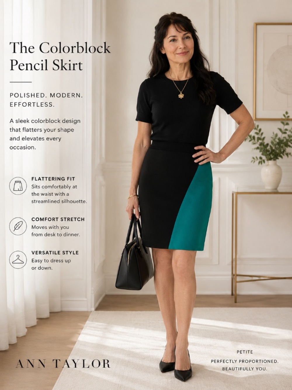 Ann Taylor Petite Colorblock Pencil Skirt | Size 2P | Black & Emerald Green